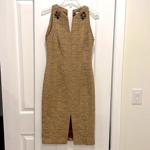 Carolina Herrera Brown tweed dress with gold sequins and jewel embellishments